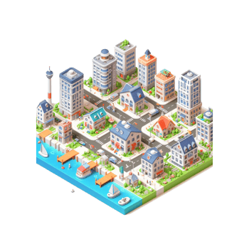 cute small city, 3d game isometric, detailed. PNG Free