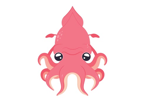 Cartoon Squid Vector Flat Design Isolated on White Background. Cute Cartoon Octopus
