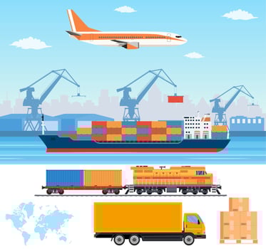 Logistics and transportation infographic elements. Transport industry concept. train, cargo ship and car are carrying goods vector