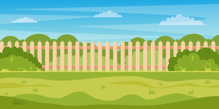 Garden backyard with wooden fence hedge, green trees and bushes, grass , park plants. Spring or summer landscape. Patio area for BBQ summer parties. Vector illustration in flat style