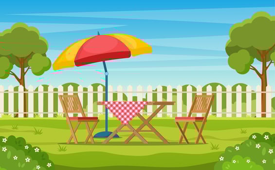 House backyard with green grass lawn, trees and bushes. Cartoon table and chairs garden modern furniture with large umbrella. Outdoor area for BBQ summer parties. Vector illustration in flat style