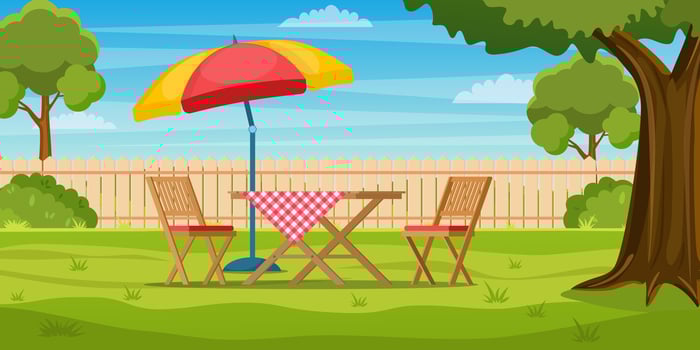 House backyard with green grass lawn, trees and bushes. Cartoon table and chairs garden modern furniture with large umbrella. Outdoor area for BBQ summer parties. Vector illustration in flat style