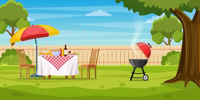 bbq party in the backyard with fence, trees, bushes. picnic with barbecue on summer lawn in park or garden food on table, chairs and umbrella. vector illustration in flat design