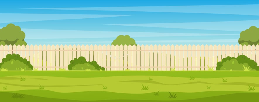 Garden backyard with wooden fence hedge, green trees and bushes, grass , park plants. Spring or summer landscape. Patio area for BBQ summer parties. Vector illustration in flat style
