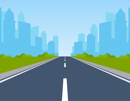 Road way to city buildings on horizon. highway cityscape, modern big skyscrapers town far away ahead, Vector illustration in flat style