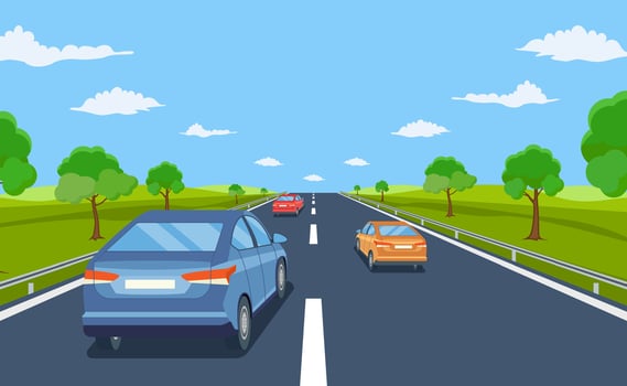 highway drive with beautiful landscape. Travel road car view. Road with cars. City traffic on highway with panoramic views vector illustration in flat design