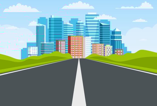 Road way to city buildings on horizon. highway cityscape, modern big skyscrapers town far away ahead, Vector illustration in flat style