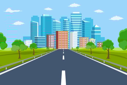 Road way to city buildings on horizon. highway cityscape, modern big skyscrapers town far away ahead, Vector illustration in flat style