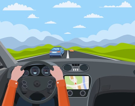 View of the road from the car interior. Vehicle salon, inside car driver . Road with cars. Hands on Steering Wheel. Car view steering and windshield. Vector illustration in flat style