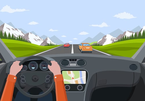 View of the road from the car interior. Vehicle salon, inside car driver . Road with cars. Hands on Steering Wheel. Car view steering and windshield. Vector illustration in flat style