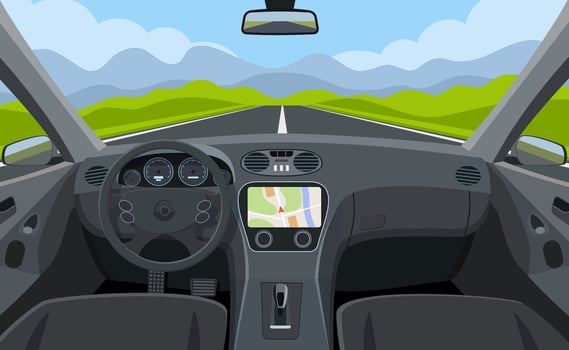 View of the road from the car interior. Vehicle salon, inside car driver . Driving simulator . Car view steering and windshield. Vector illustration in flat style
