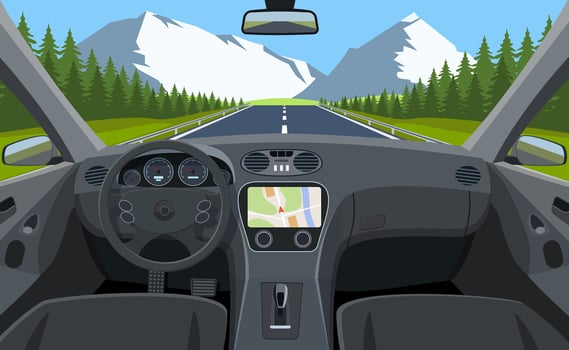 View of the road from the car interior. Vehicle salon, inside car driver . Driving simulator . Car view steering and windshield. Vector illustration in flat style