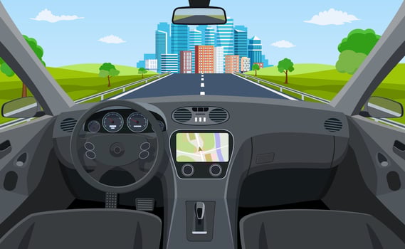 View of the road from the car interior. Road way to city buildings on horizon. Vehicle salon, inside car driver. modern big skyscrapers town far away ahead. Vector illustration in flat style
