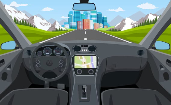 View of the road from the car interior. Road way to city buildings on horizon. Vehicle salon, inside car driver. modern big skyscrapers town far away ahead. Vector illustration in flat style