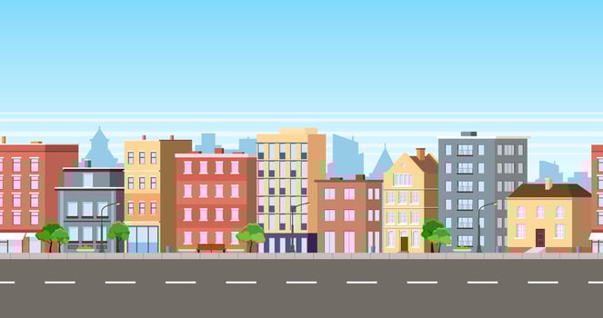 City facade buildings town street panorama concept. Modern city, town street. sidewalk with city lights and road. Vector illustration in flat style