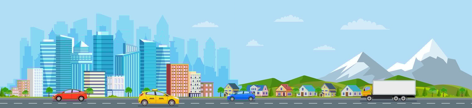 Landscape with buildings, mountains and hills. city concept and suburban life. City street, large modern buildings, skyscrapers and suburb with private houses and car Vector illustration in flat style