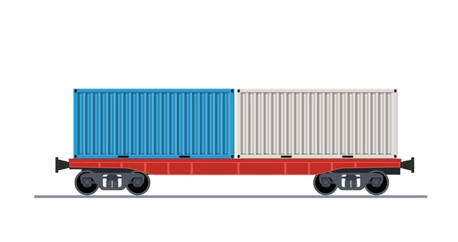 Freight train wagon. Railroad cars container view from side. Cargo train wagons isolated on white background icon. Industrial Railroad Transportation. Vector illustration in flat style