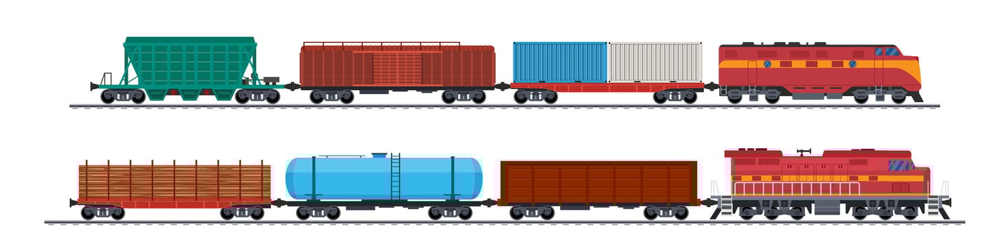 Train freight wagons, rail cargo and railroad containers. Freight train with wagons, tanks, freight, cisterns. industrial carriages, side view. Vector illustration in flat style
