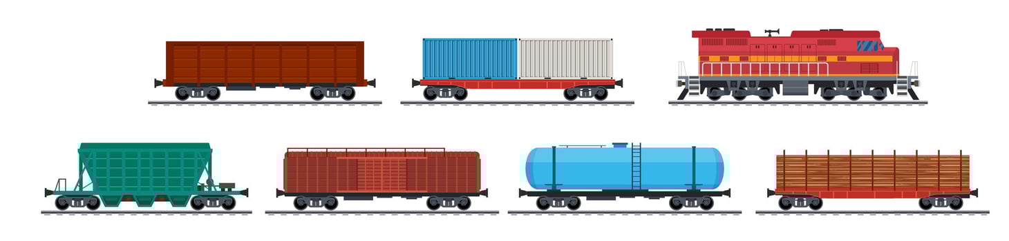 Train freight wagons, rail cargo and railroad containers. Freight train with wagons, tanks, freight, cisterns. industrial carriages, side view. Vector illustration in flat style