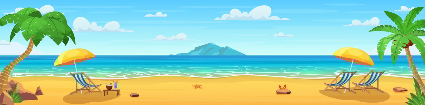 Landscape of wooden chaise lounge, umbrella, table with coconut and cocktail on beach, mountains . Seaside landscape, nature vacation, ocean or sea seashore. Vector illustration in flat style