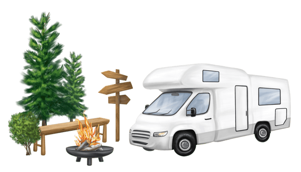 Traveling on a white motorhome. Camping in a mobile home, van, camper. A campsite in the forest with a campfire and a bench. Outdoor activities. Family leisure and holidays. Isolated illustration png