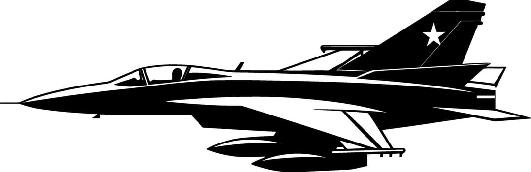 Jet fighter black silhoutte. Plane icon sign or symbol. Airplane missile bomber logo. Military stealth aircraft. Air force aviation. AI generated illustration. vector