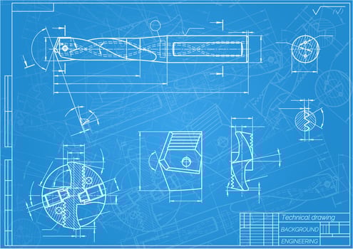 Mechanical engineering drawings on blue background. Drill tools, borer. Technical Design. Cover. Blueprint. Vector illustration