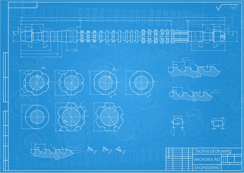 Mechanical engineering drawings on blue background. Broach. Technical Design. Cover. Blueprint. Vector illustration