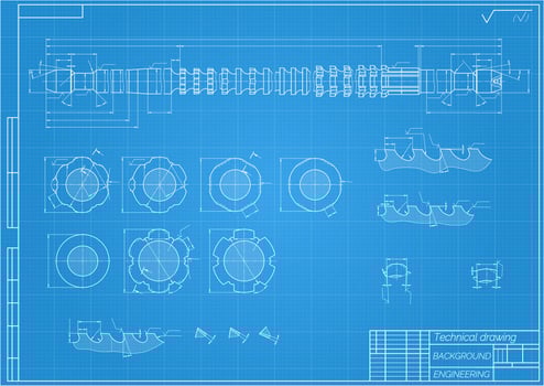 Mechanical engineering drawings on blue background. Broach. Technical Design. Cover. Blueprint. Vector illustration