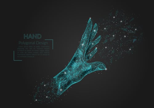 Abstract isolated image of human palm. Polygonal illustration looks like stars in the blask night sky in spase or flying glass shards. Digital design for website, web, internet vector