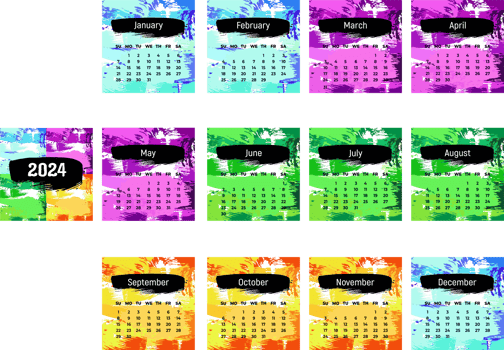 Set of pages for 2024 new year. Square calendar planner for month. Color background. Template for design png