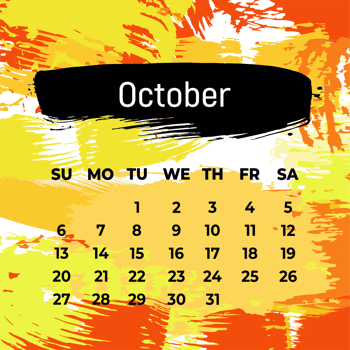 Page for october 2024 year. Square calendar planner for a month. Orange yellow background. Design template for layout png