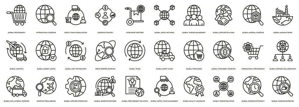 Global Sourcing vectors icon illustration for Global Procurement, International Sourcing, Supply Chain Globalization, Sourcing Strategy, Worldwide Suppliers, Global Supply Network