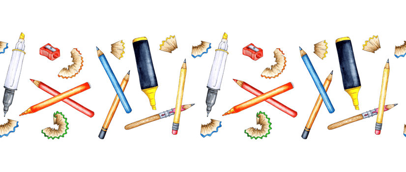 Watercolor illustration horizontal pattern of pens, felt-tip pens, pencils, highlighter, sharpener, office supplies. Back to school. Education concept isolated. hand drawn. png