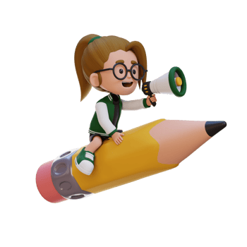3D girl character riding a pencil and holding megaphone png