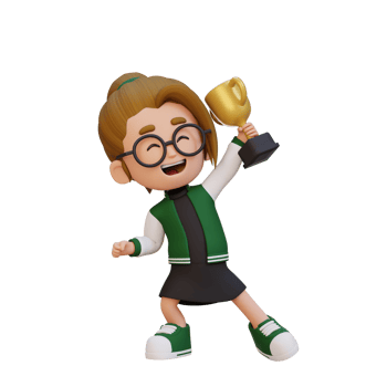 3D girl character celebrating win holding a trophy png
