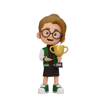 3D girl character celebrating win holding a trophy png