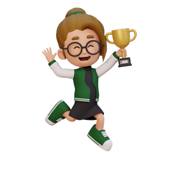 3D girl character celebrating win holding a trophy png