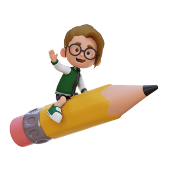 3D girl character riding a pencil and waving hand png