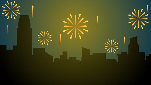 New year cityscape vector illustration. Scenery of city with sparkling fireworks in new year event. City landscape for illustration, background or wallpaper. City silhouette in the firework festival