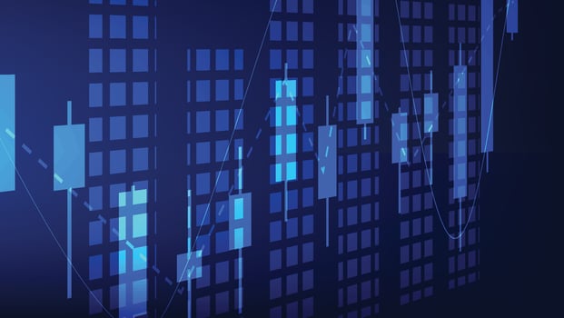 finance background with stock market statistic trend with candlesticks and bar chart vector