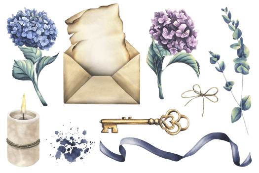 Writing supplies. papyrus paper, craft envelope, candle, key, hydrangea and eucalyptus flowers. Hand drawn watercolor illustration. Set of isolated elements png
