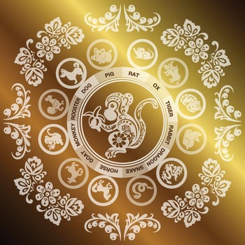 greeting card monkey with gold in ethnic Russian style, symbol of the year, vector illustration