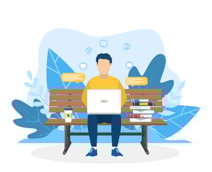 man with laptop sitting on the bench in nature. Freelance or studying concept. web page design template for online education, training. Vector illustration in flat style