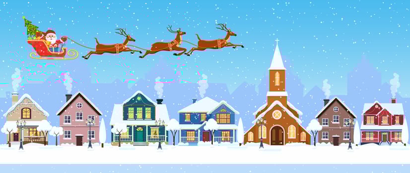 happy new year and merry Christmas winter old town street. christmas town city seamless border panorama. Santa Claus with deers in sky above the city. Vector illustration in flat style.