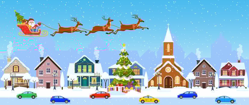 happy new year and merry Christmas winter old town street. christmas town city seamless border panorama. Santa Claus with deers in sky above the city. Vector illustration in flat style.