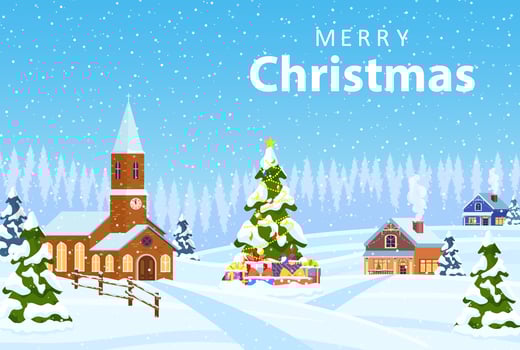 Suburban house covered snow. Building in holiday ornament. Christmas landscape tree spruce. Happy new year decoration. Merry christmas holiday. New year xmas celebration. Vector illustration
