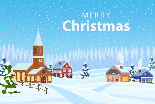 Christmas landscape background with snow and tree. Merry christmas holiday. New year and xmas celebration. Vector illustration in flat style