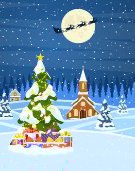 Christmas landscape background with snow and tree. Merry christmas holiday. New year and xmas celebration. Vector illustration in flat style