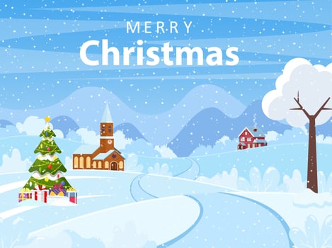 Christmas landscape background with snow and tree. Merry christmas holiday. New year and xmas celebration. Vector illustration in flat style